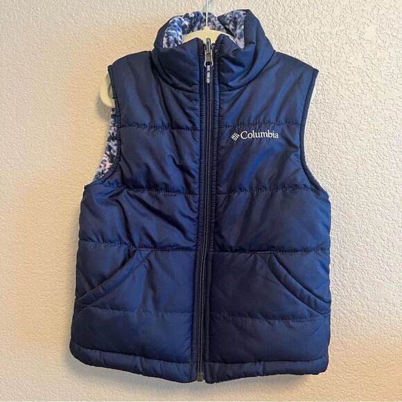 Columbia Reversible Floral Fleece Puffy Vest Girls XXS 4-5 Navy Blue EUC - Picture 4 of 7